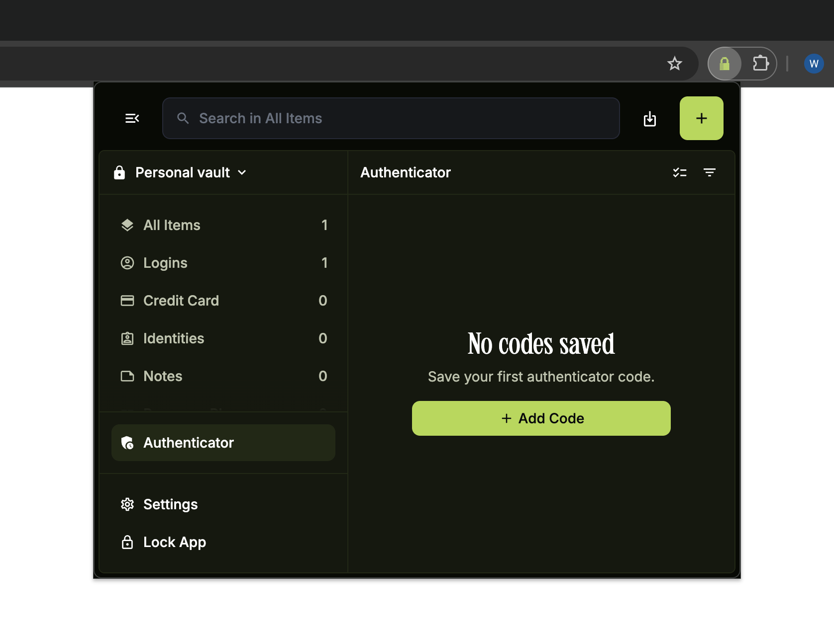 Authenticator section with Add button in the top right
