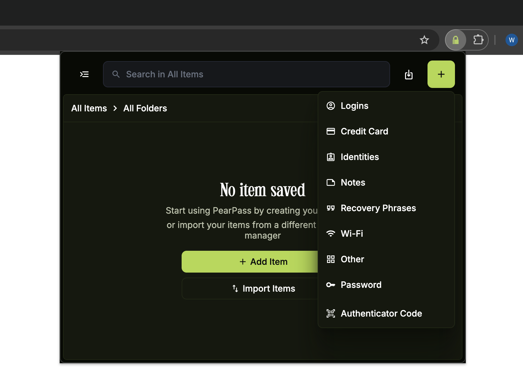 Select item type in the browser extension