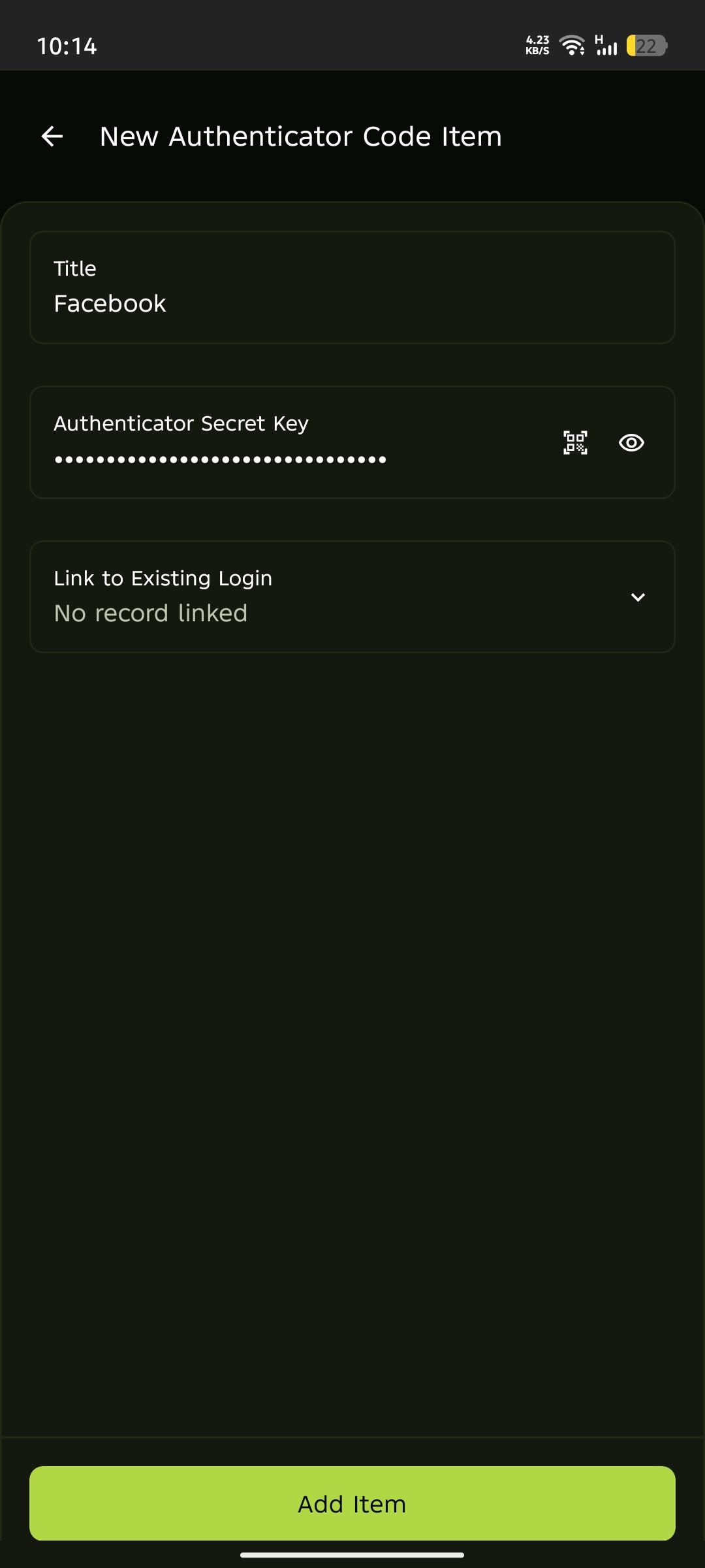 New Authenticator Code Item form
